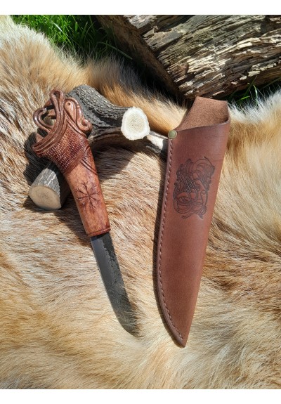 Handmade Vikings knife with hand-carved Dragon handle and leather sheath. Functional Norse knife. Hand-forged Damascus steel blade Handmade Vikings knife with hand-carved Dragon handle and leather sheath. Functional Norse knife. Hand-forged Damascus steel blade