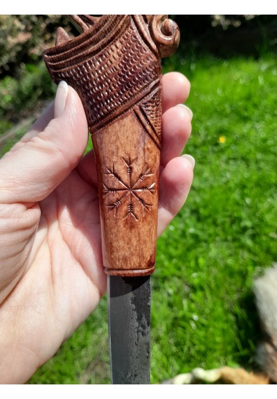 Handmade Vikings knife with hand-carved Dragon handle and leather sheath. Functional Norse knife. Hand-forged Damascus steel blade Handmade Vikings knife with hand-carved Dragon handle and leather sheath. Functional Norse knife. Hand-forged Damascus steel blade