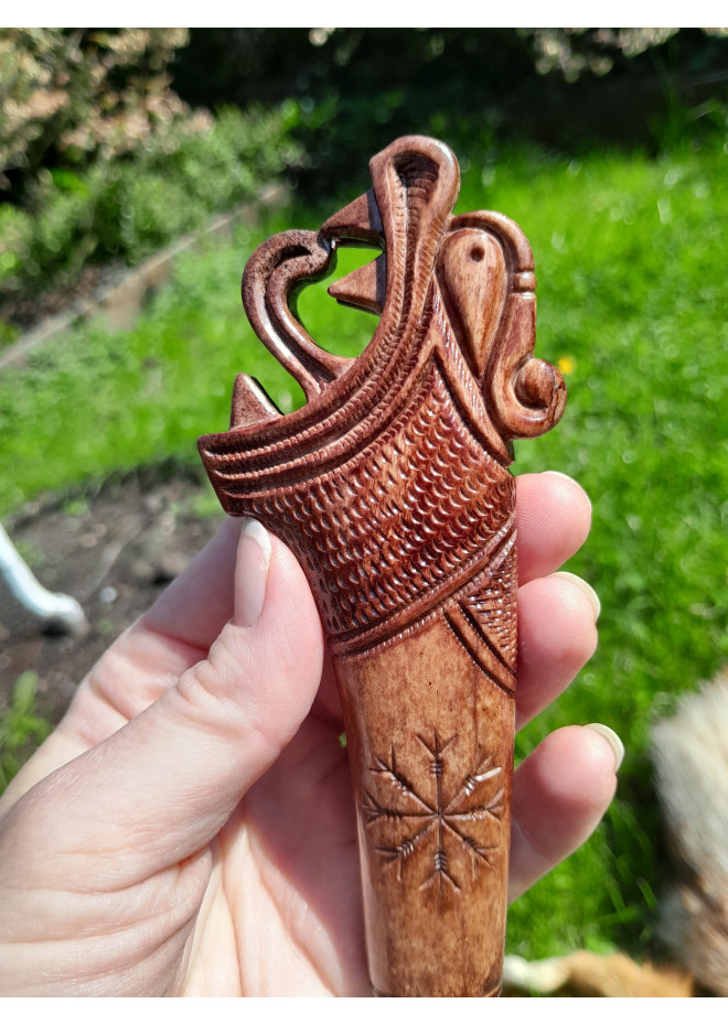 Functional Norse knife with hand-carved Dragon handle and leather sheath.