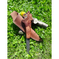 Handmade Vikings knife with hand-carved Dragon handle and leather sheath. Functional Norse knife. Hand-forged Damascus steel blade