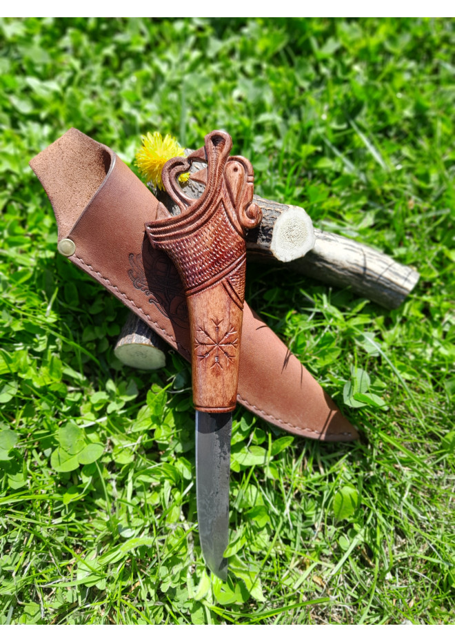 Functional Norse knife with hand-carved Dragon handle and leather sheath.