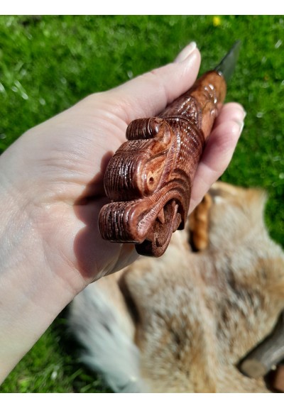 Handmade Vikings knife with hand-carved Dragon handle and leather sheath. Functional Norse knife. Hand-forged Damascus steel blade Handmade Vikings knife with hand-carved Dragon handle and leather sheath. Functional Norse knife. Hand-forged Damascus steel blade