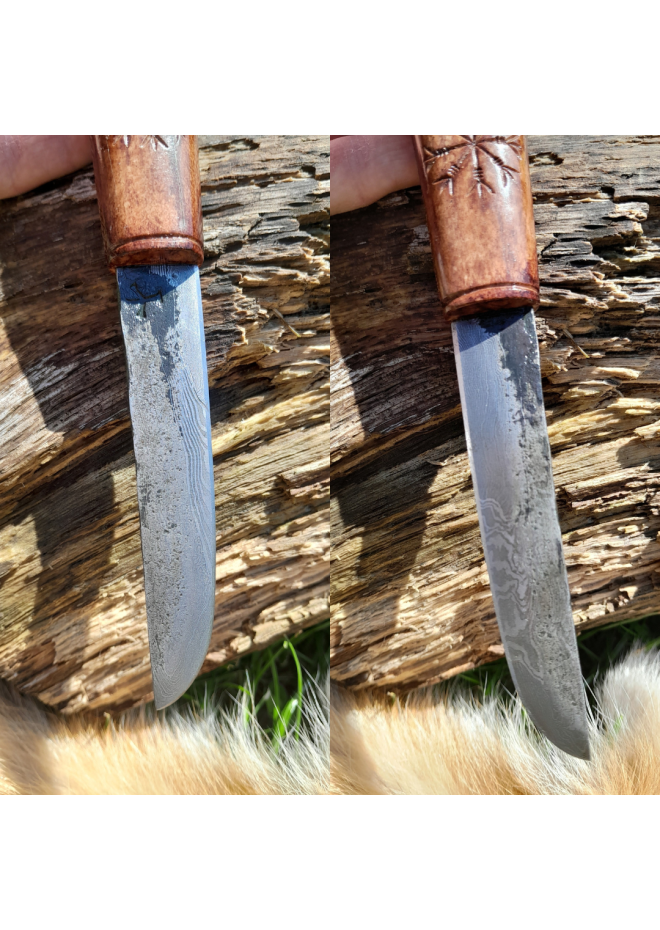 Functional Norse knife with hand-carved Dragon handle and leather sheath.