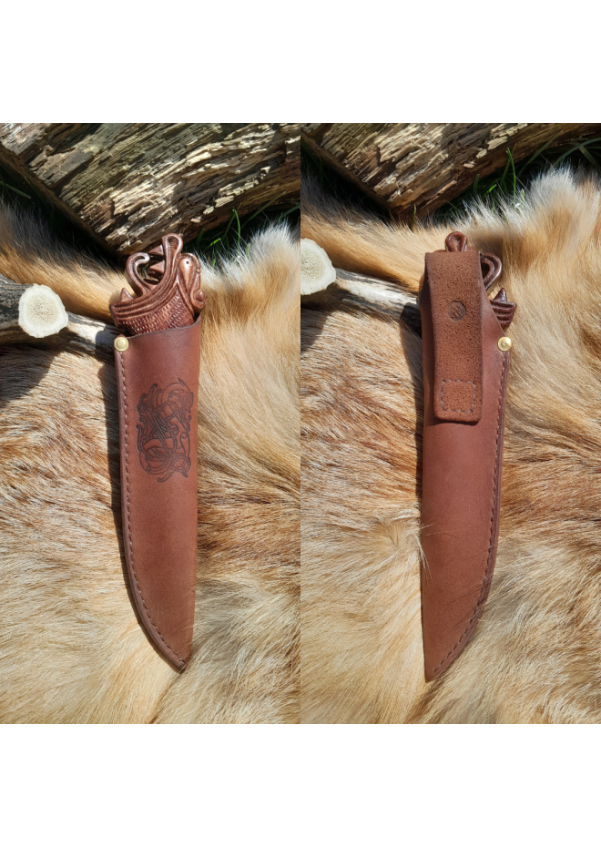 Functional Norse knife with hand-carved Dragon handle and leather sheath.