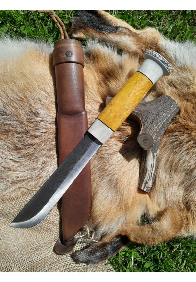Handmade big Leuku knife. Nordic puukko knife with leather sheath. Hand-forged carbon fixed steel blade. Antler and wood handle