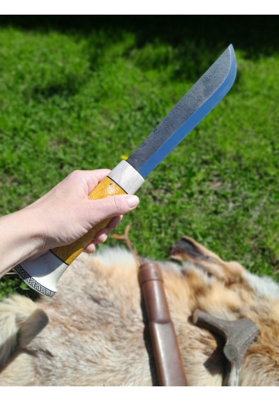 Handmade big Leuku knife. Nordic puukko knife with leather sheath. Hand-forged carbon fixed steel blade. Antler and wood handle