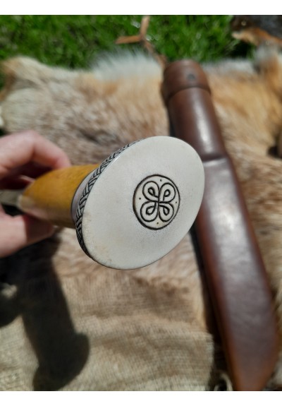 Handmade big Leuku knife. Nordic puukko knife with leather sheath. Hand-forged carbon fixed steel blade. Antler and wood handle