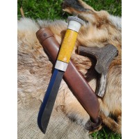 Handmade big Leuku knife. Nordic puukko knife with leather sheath. Hand-forged carbon fixed steel blade. Antler and wood handle
