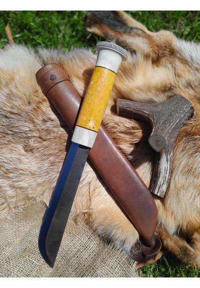 Handmade big Leuku knife. Nordic puukko knife with leather sheath. Hand-forged carbon fixed steel blade. Antler and wood handle