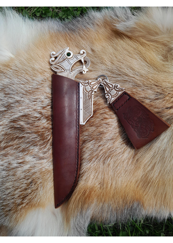 Vikings knife \ seax with leather sheath. Hand-carved Dragon handle. Hand-forged Carbon steel. 