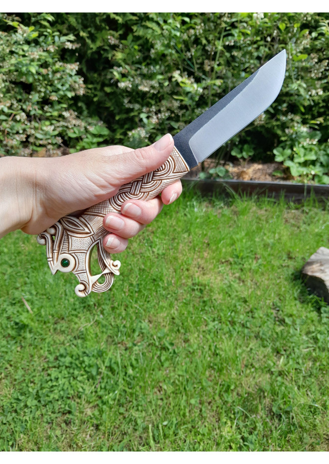 Vikings knife \ seax with leather sheath. Hand-carved Dragon handle. Hand-forged Carbon steel. 