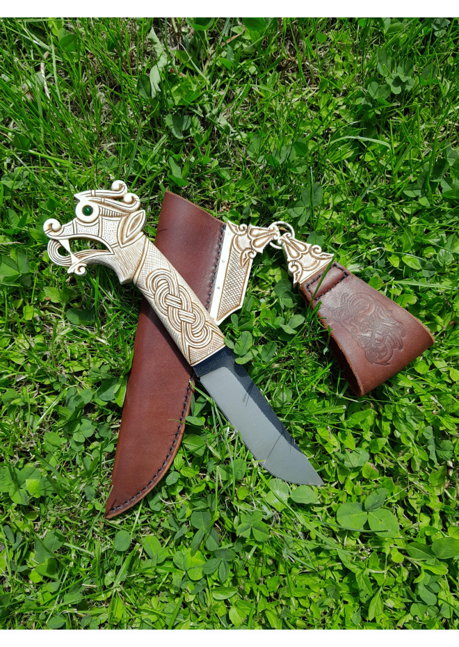 Vikings knife \ seax with leather sheath. Hand-carved Dragon handle. Hand-forged Carbon steel. 