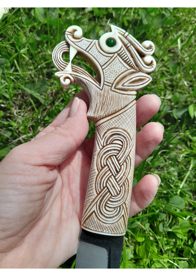 Vikings knife \ seax with leather sheath. Hand-carved Dragon handle. Hand-forged Carbon steel. 