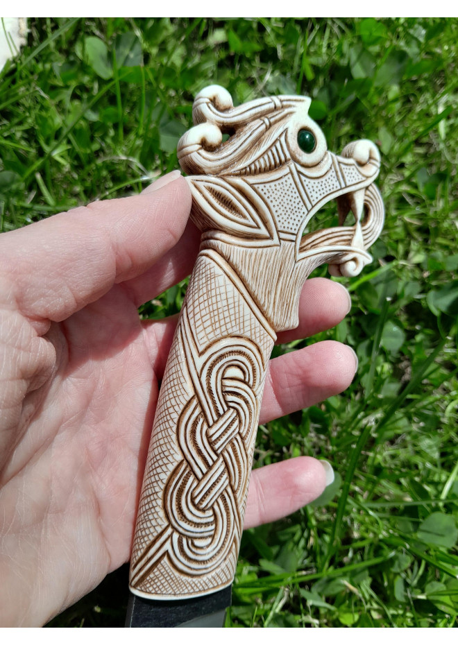 Vikings knife \ seax with leather sheath. Hand-carved Dragon handle. Hand-forged Carbon steel. 