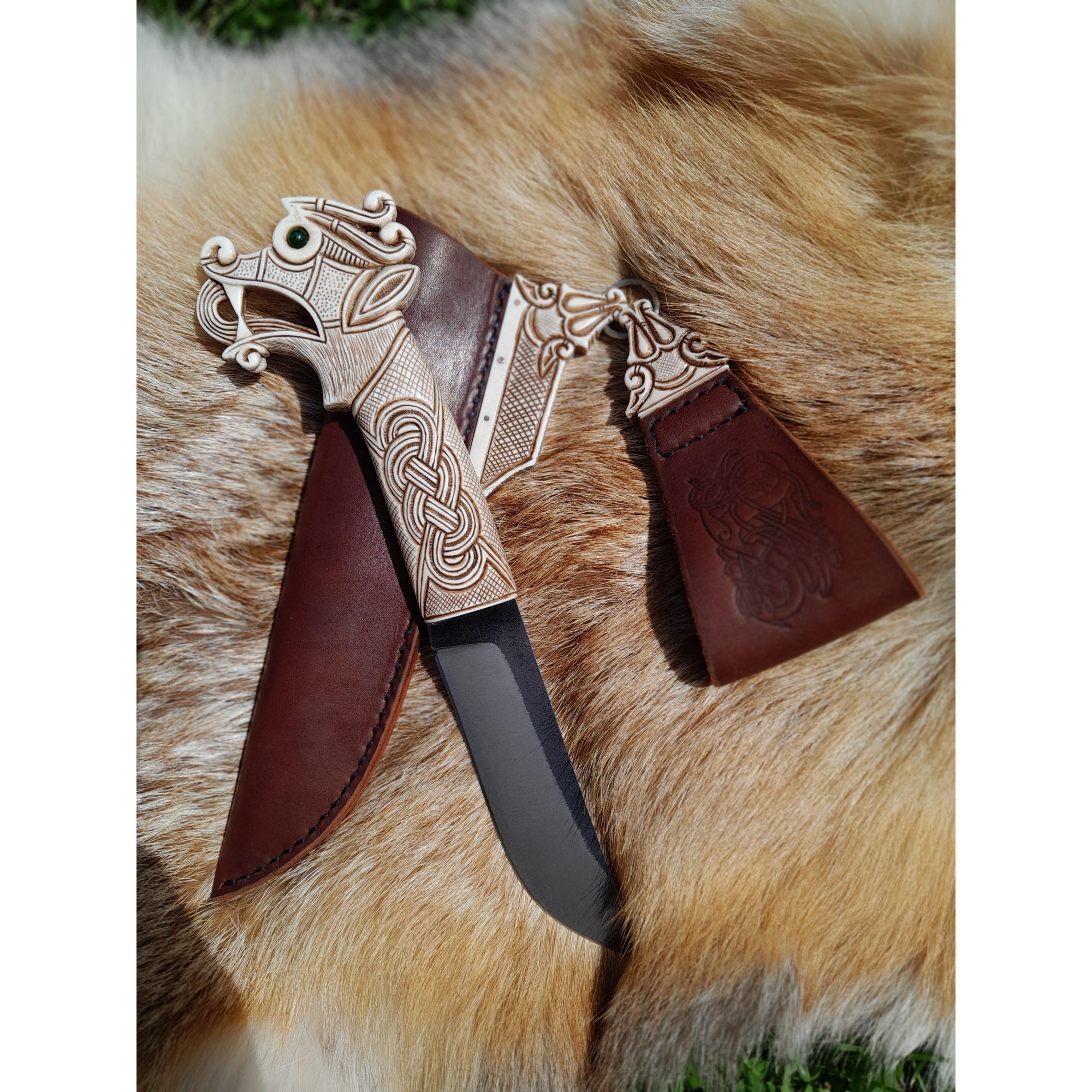 Unique Vikings knife  seax with leather sheath. Hand-carved
