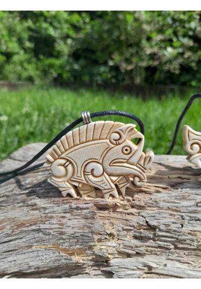 Viking, Celtic Boar jewelry. Norse Gullinbursti runic amulet. Antler hand-carved. Freyr talisman