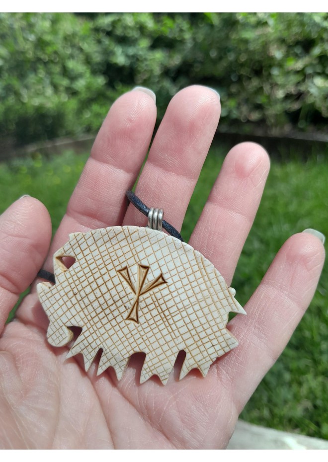 Hand-carved Boar amulet with Algiz rune.