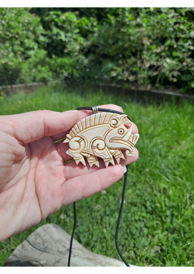 Hand-carved Boar amulet with Algiz rune.
