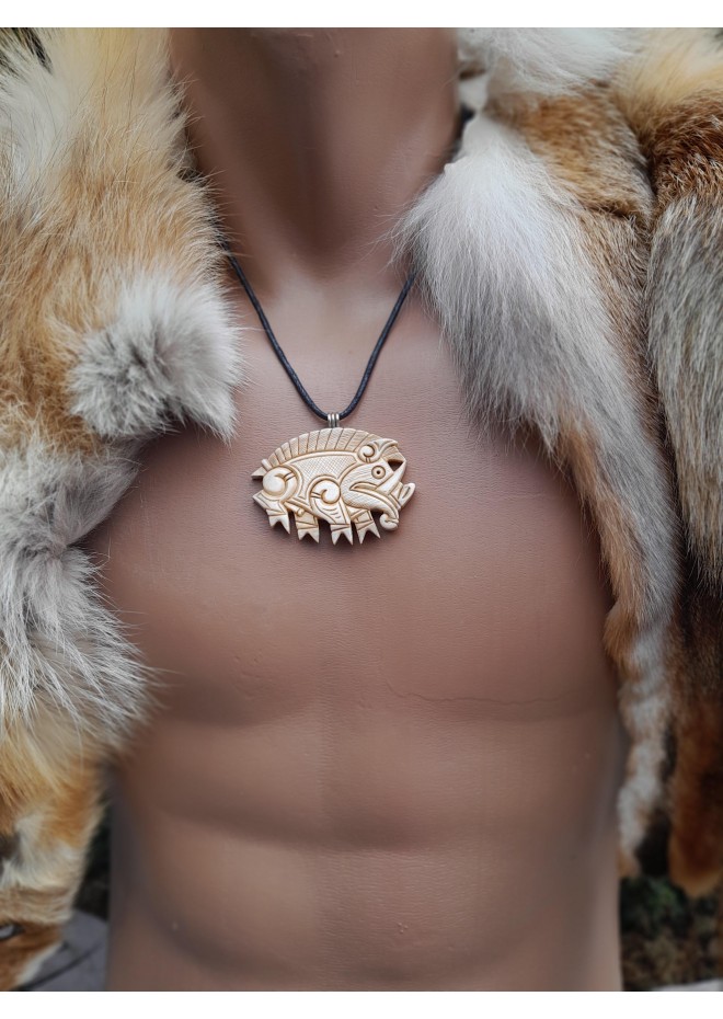 Hand-carved Boar amulet with Algiz rune.