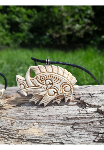 Viking, Celtic Boar jewelry. Norse Gullinbursti runic amulet. Antler hand-carved. Freyr talisman