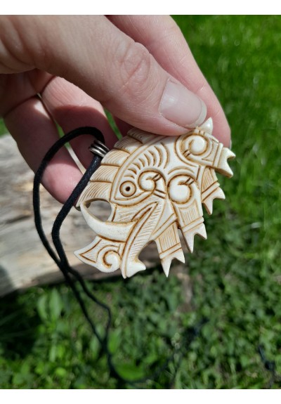 Viking, Celtic Boar jewelry. Norse Gullinbursti runic amulet. Antler hand-carved. Freyr talisman