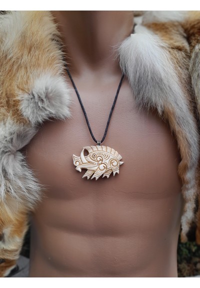 Viking, Celtic Boar jewelry. Norse Gullinbursti runic amulet. Antler hand-carved. Freyr talisman
