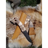 Unique Viking knife with leather sheath. Hand-carved Wolf handle. Fenrir. Norse scramasax. Hand-forged Damascus steel