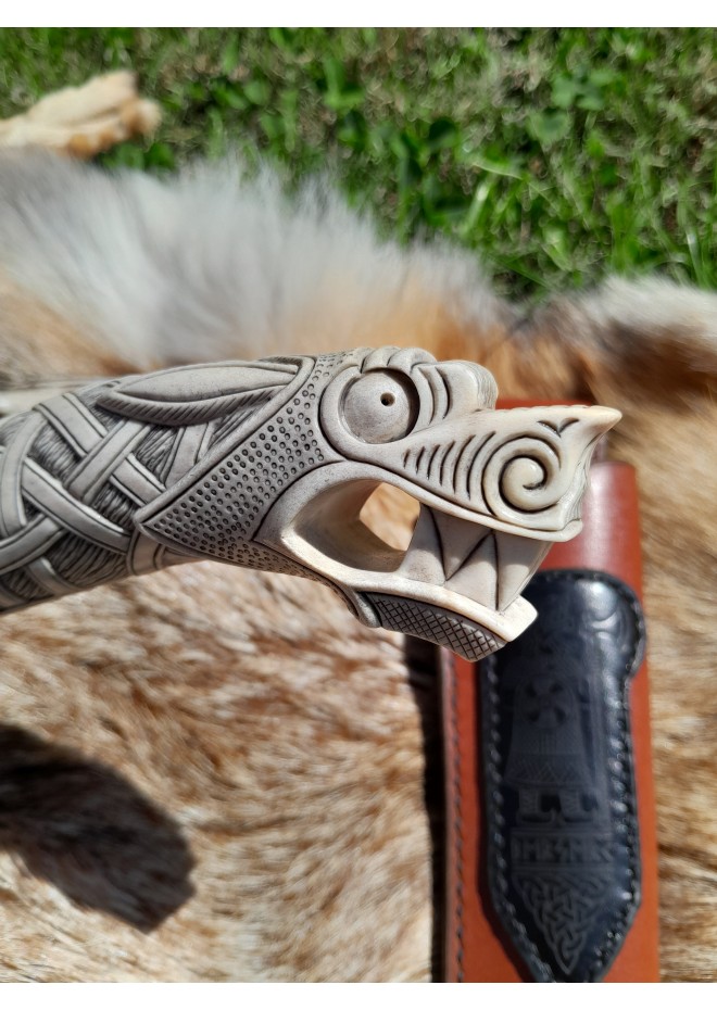 Handmade unique Viking knife "Fenrir chained" with leather sheath.
