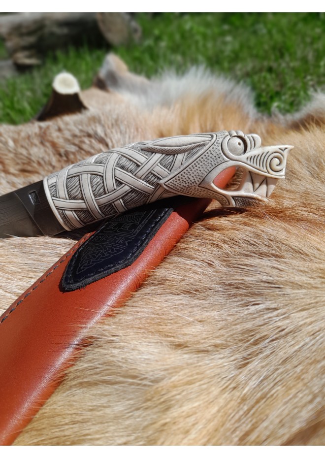 Handmade unique Viking knife "Fenrir chained" with leather sheath.