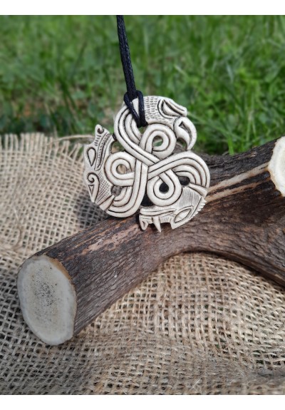 Vikings triskelion amulet with heads of a Boar, Raven and Wolf - moose antlers hand-carved