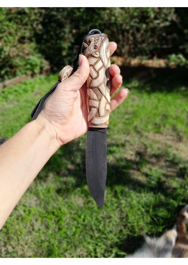 Premium designer, collectible handmade knife "Jörmungandr". Norse style. Damascus steel. Hand-carved antler handle with Dragon knotwork.