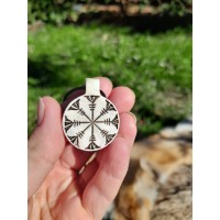 Hand-carved pendant with Ægishjálmr symbol. Helm of Awe amulet.