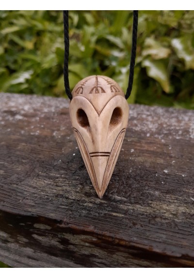 Unique Viking Raven skull amulet with Aegishjalmur symbol or Helm of Awe. Hand-carved antlers