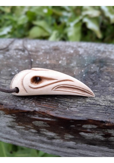 Viking Raven skull amulet with Aegishjalmur symbol or Helm of Awe and protection Algiz rune - hand-сarved