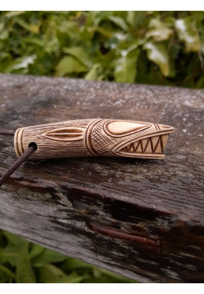 Norse Wolf head amulet with Algiz rune. Viking wolf. Hand-carved