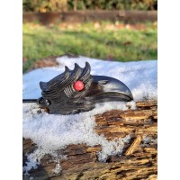 Hand-carved Viking black raven amulet with red eye and Algiz rune