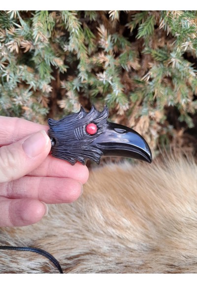 Hand-carved Viking black raven amulet with red eye and Algiz rune