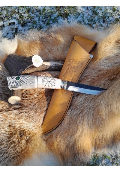 Handcrafted Viking knife with antler Wolf head handle