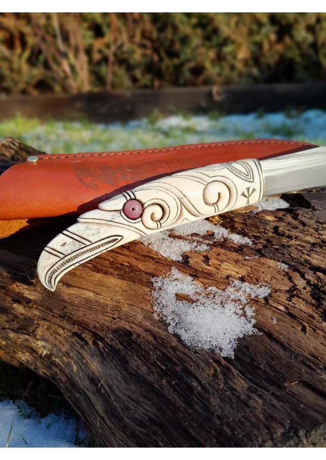 Handmade Norse seax "Raven of Odin". Antler carved handle
