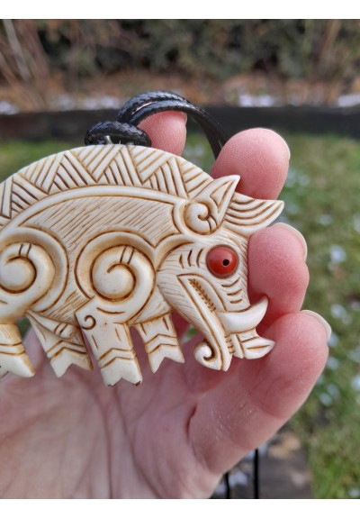 Antler hand-carved Celtic boar pendant. Norse Viking jewelry