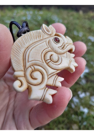 Antler hand-carved Viking boar pendant. Norse pagan jewelry