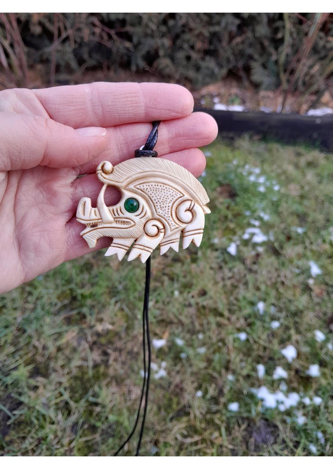 Exclusive moose antler Boar pendant with green eye & Algiz