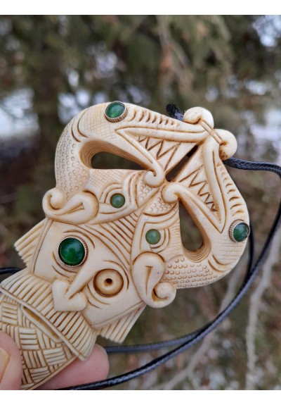 Odin amulet with Ravens, Dragons & Ansuz. Moose antler 