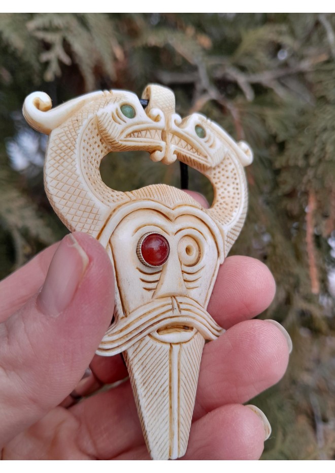 Handmade Norse Odin amulet from moose antler with Dragons