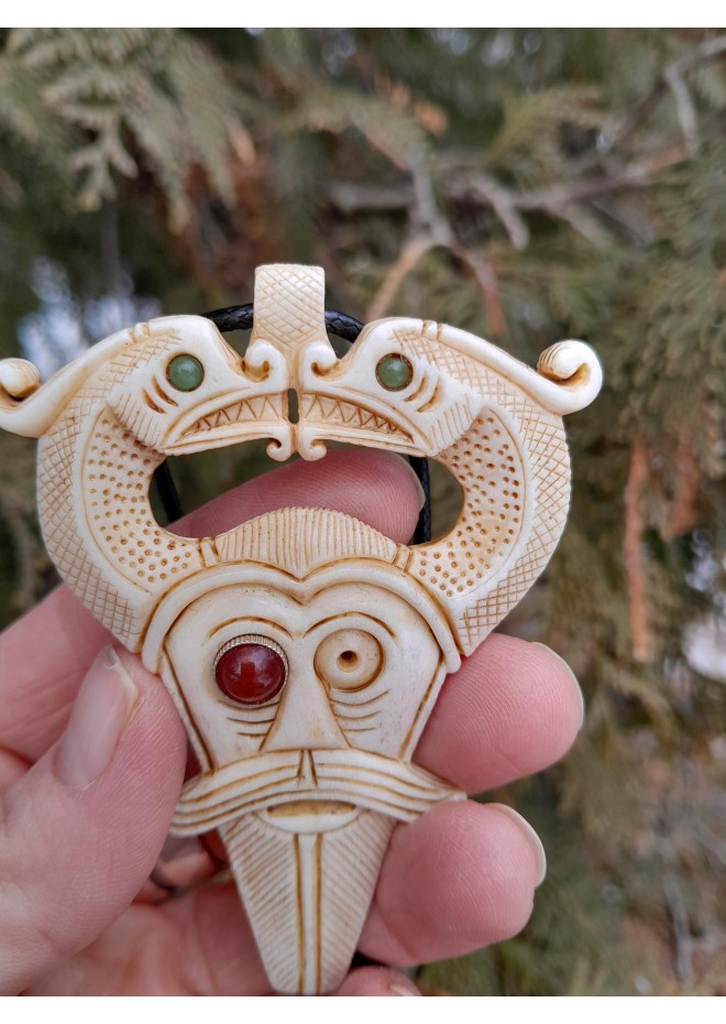 Handmade Norse Odin amulet from moose antler with Dragons