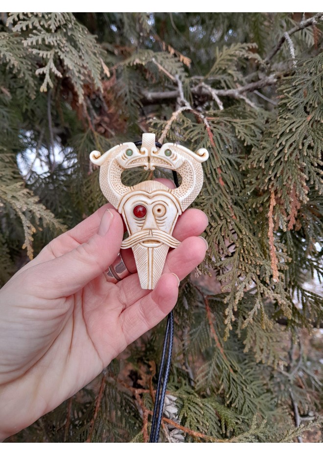 Handmade Norse Odin amulet from moose antler with Dragons