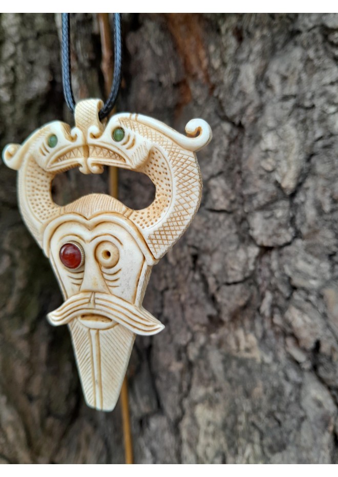 Handmade Norse Odin amulet from moose antler with Dragons