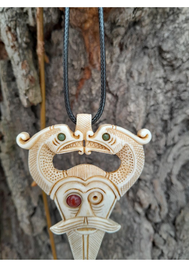 Handmade Norse Odin amulet from moose antler with Dragons