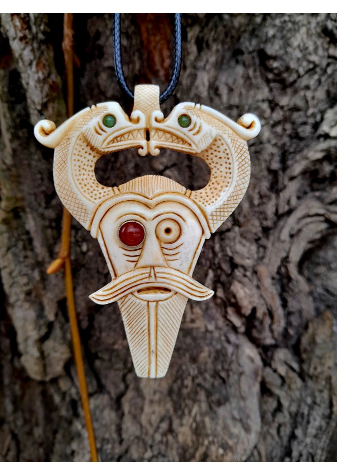 Handmade Norse Odin amulet from moose antler with Dragons