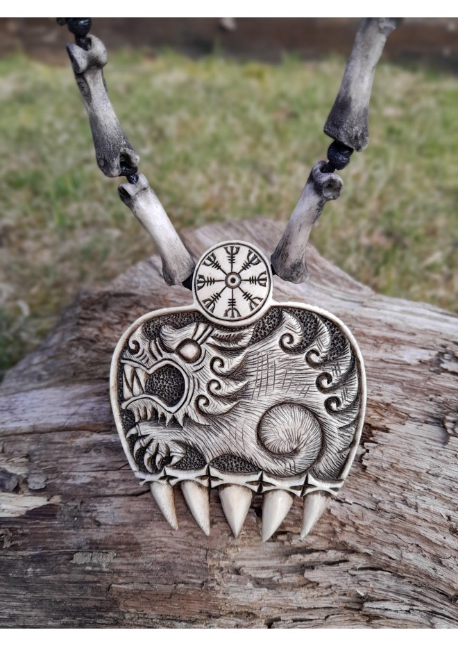 Hand-carved Wolf paw amulet – helm of awe & algiz rune